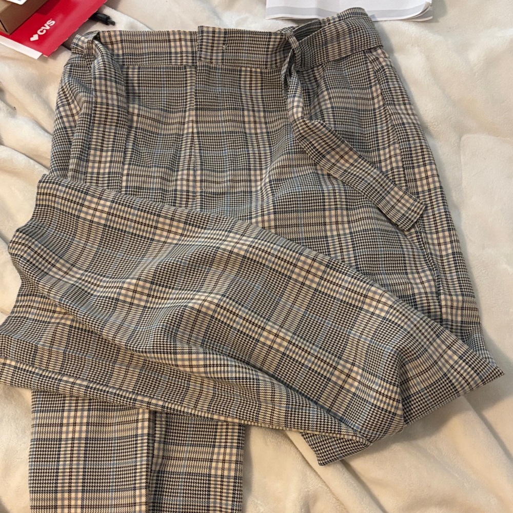 Lulu's Plaid Boot Cut Pants with Belt - Beige and Black